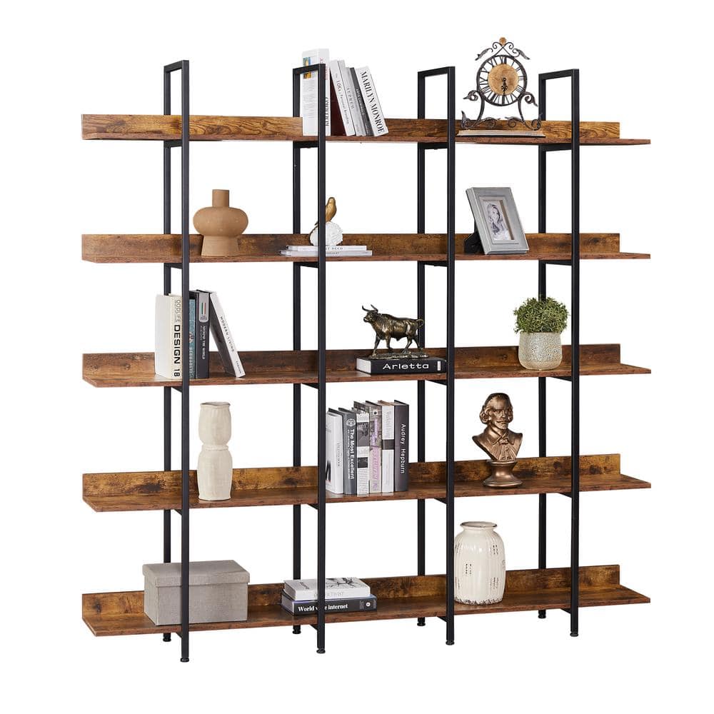 70.87 in. Wide Brown 5-Tier Standard Bookcase Home Office Open ...