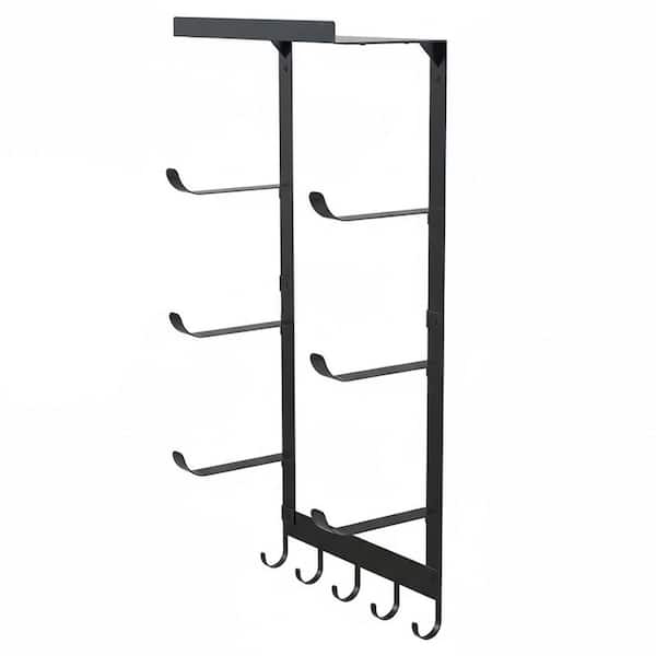 Black Metal Wall Mount Yoga Mat Holder with Shelf and 5 Hooks for Foam Rollers Bands Home Gym Storage Rack