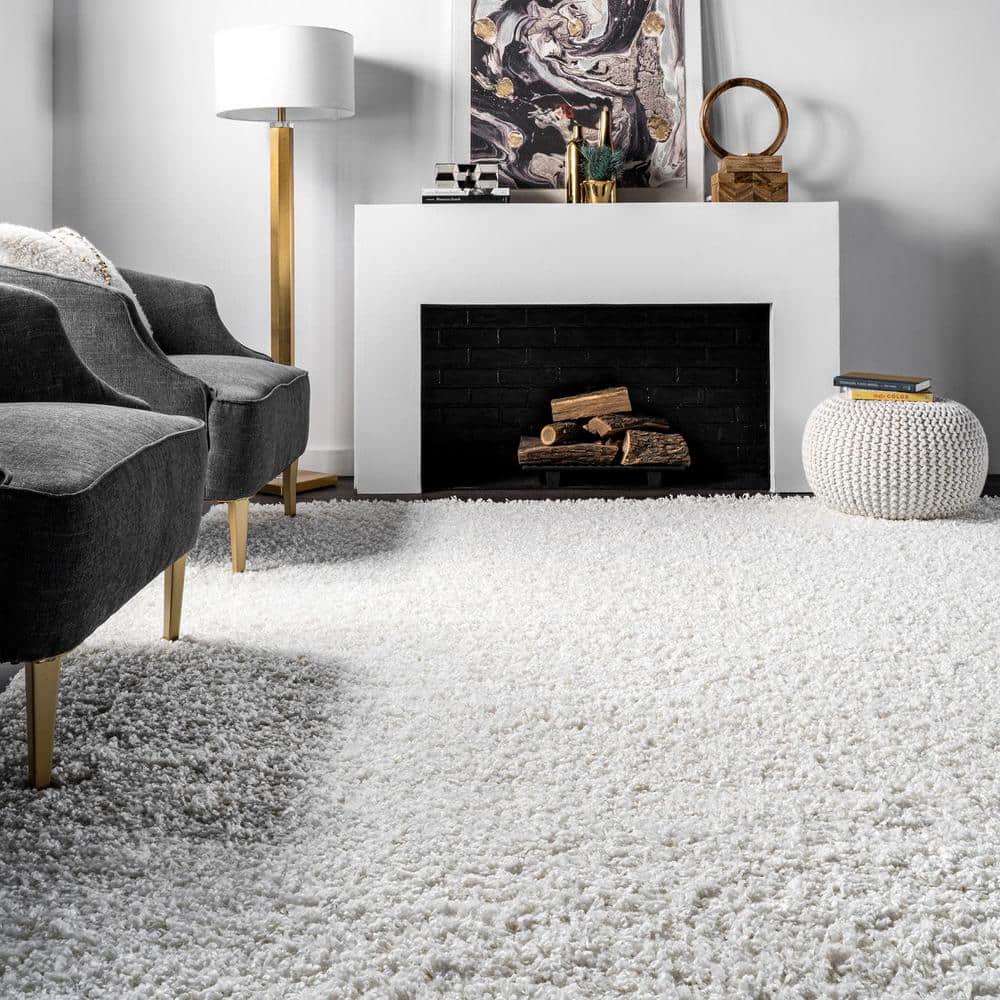 Plush White Square Synthetic Shag Area Rug, 52" x 24"