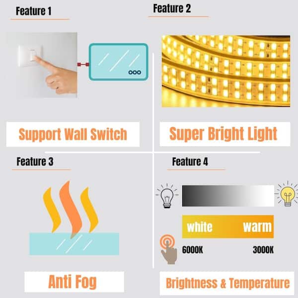 55 in. W x 30 in. H Rectangular Frameless LED Light Anti-Fog Wall Bathroom Vanity Mirror Super Bright Front Light