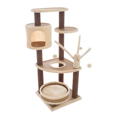 43.5 in. Brown 6-Tier Cat Tower with Bed, Kitty Condo, Play area, and Hanging Toys