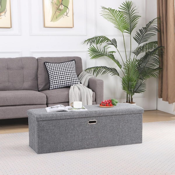 VECELO 43 in. Folding Storage Ottoman Bench with Padded Seat, Gray Fabric End of Bed Bench, Footstool with Large Hidden Storage