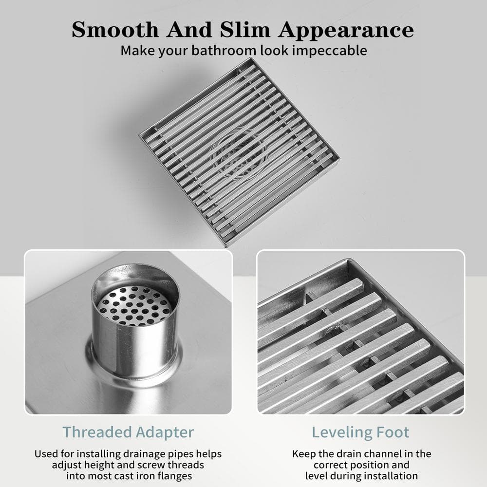 6-Inch Brushed Nickel Square Stainless Steel Shower Drain
