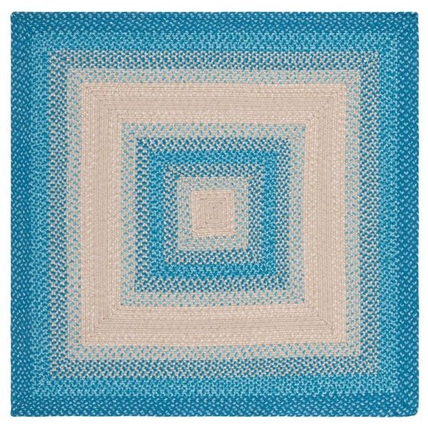 Braided Blue/Beige 3 ft. x 3 ft. Machine Washable Border Solid Color Interlace Square Area Rug