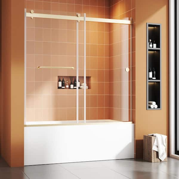 55 to 60 in. W x 56 in. H Sliding Tub Door in Gold with Explosion-Proof Film Tempered Clear Glass