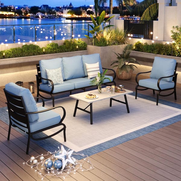PHI VILLA Metal Slatted 5 Seat 4-Piece Outdoor Patio Conversation Set With Blue Cushions, Table With Marble Pattern Top