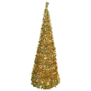 6 ft. Gold Pre-Lit Tinsel Pop-Up Artificial Christmas Tree, Clear Lights