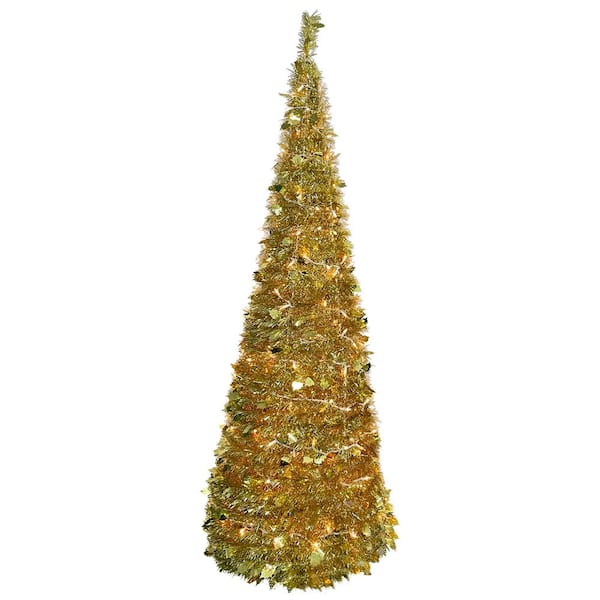Northlight 6 ft. Gold Pre-Lit Tinsel Pop-Up Artificial Christmas Tree, Clear Lights