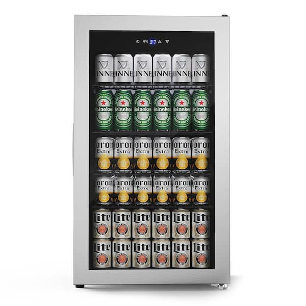 17.51 in Single Zone 140 Plus Cans Beverage Refrigerator Freestanding in Silver Stainless Steel White LEDs Beer Cooler