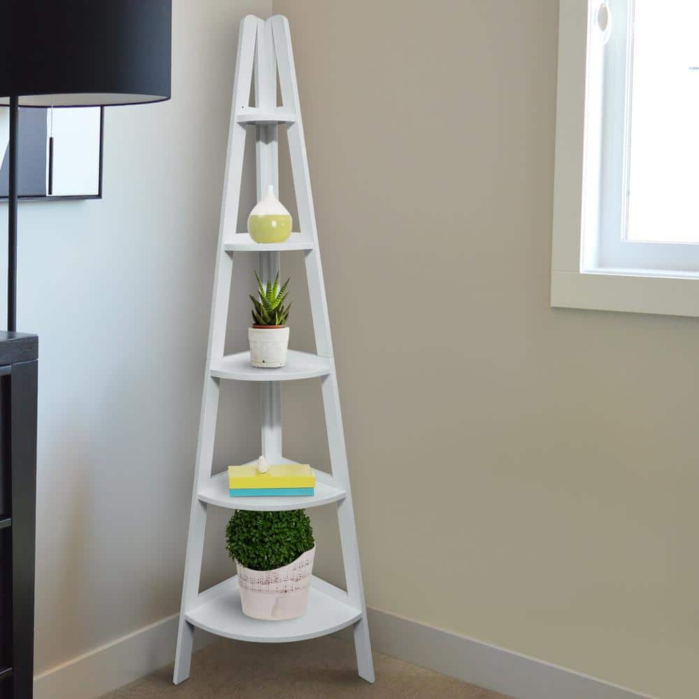 Elegant White Solid Pine 5-Shelf Corner Ladder Bookcase