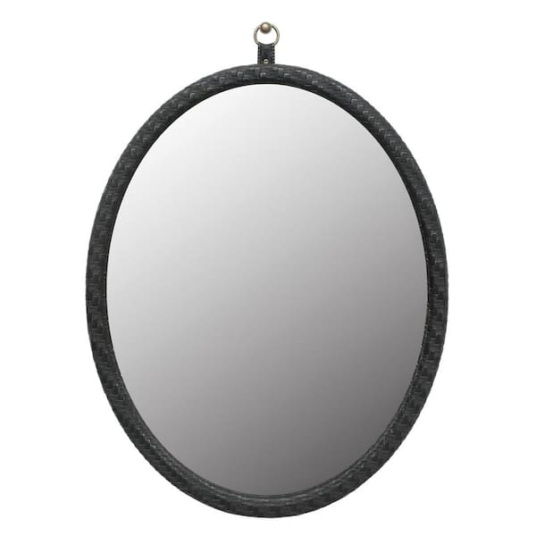 HBEZON 23.6 in. W x 29.9 in. H Small Oval PU Covered MDF Framed Wall Bathroom Vanity Mirror in Black