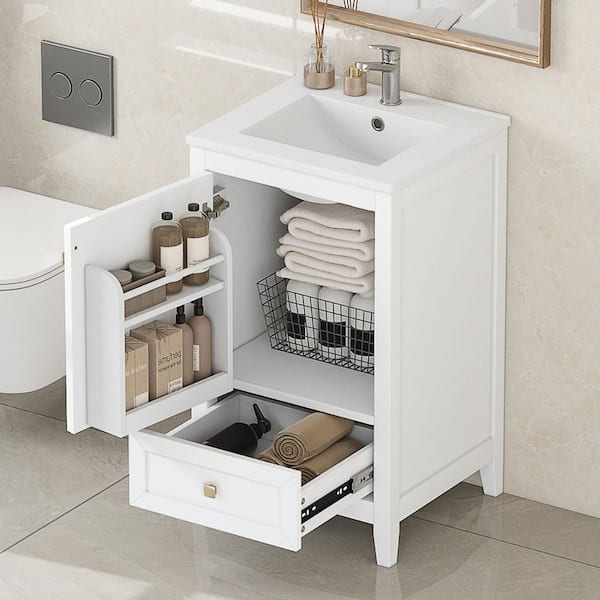 20 in. W Single Sink White Bath Vanity with White Ceramic Top, Drawer, Storage Rack