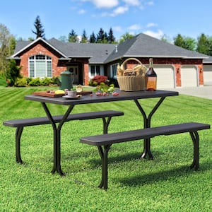 4.5 ft. Rectangular Outdoor Picnic Table Bench Set with 59 in. W Weatherproof Tabletop and Sturdy Steel Frame, Black