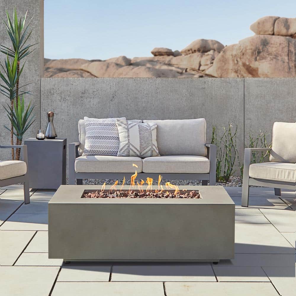Mist Gray Rectangular Gas Fire Pit Table with Lava Rocks