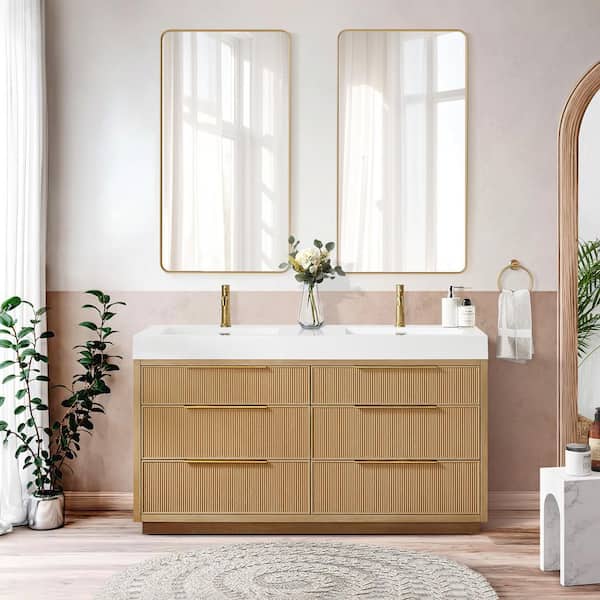 Hohhot 59.8 in. W x 19.7 in. D x 33.8 in. H Double Bath Vanity in Washed Ash Grey with White Engineered Stone Top