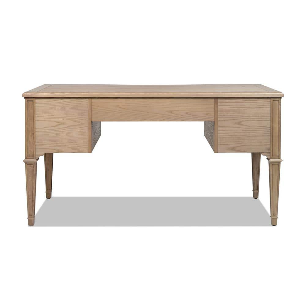 Natural Brown Wood Executive Desk with Gold Accents and Drawers
