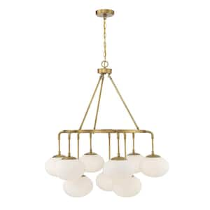 34 in. W x 38 in. H 9-Light Natural Brass Chandelier with Milk White Glass Shades