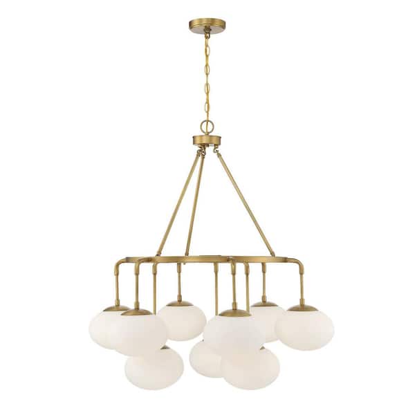 34 in. W x 38 in. H 9-Light Natural Brass Chandelier with Milk White Glass Shades