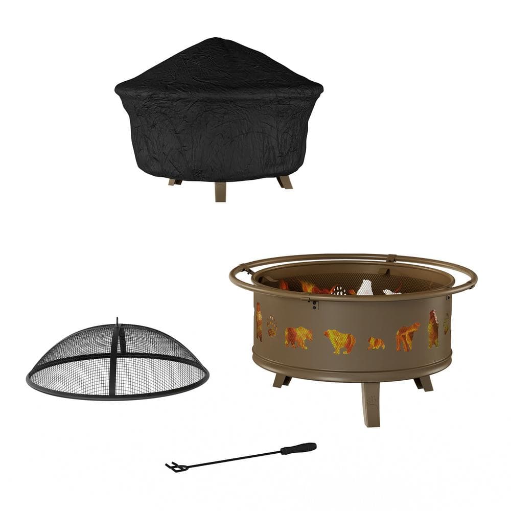32-Inch Antique Gold Steel Wood Burning Fire Pit with Bear Cutouts
