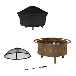 32 in. W x 25 in. H Round Steel Wood Burning Outdoor Deep Fire Pit in Antique Gold with Bear Cutouts