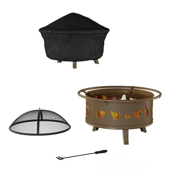 Pure Garden 32 in. W x 25 in. H Round Steel Wood Burning Outdoor Deep Fire Pit in Antique Gold with Bear Cutouts