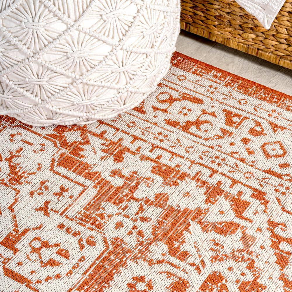 Sinjuri Medallion Orange & Cream 2x8 Flat Woven Area Rug