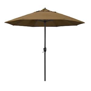 9 ft. Black Aluminum Market Patio Umbrella Auto Tilt in Linen Sesame Sunbrella