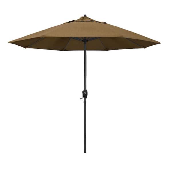 California Umbrella 9 ft. Black Aluminum Market Patio Umbrella Auto Tilt in Linen Sesame Sunbrella