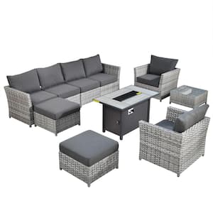 Eufaula Gray 10-Piece Wicker Modern Outdoor Patio Conversation Sofa Set with a Steel Fire Pit and Black Cushions