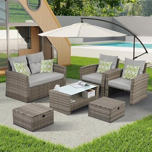 Brown 6 -Piece Wicker Outdoor Furniture Sectional Set with Gray Cushions and Tempered Glass Coffee Table