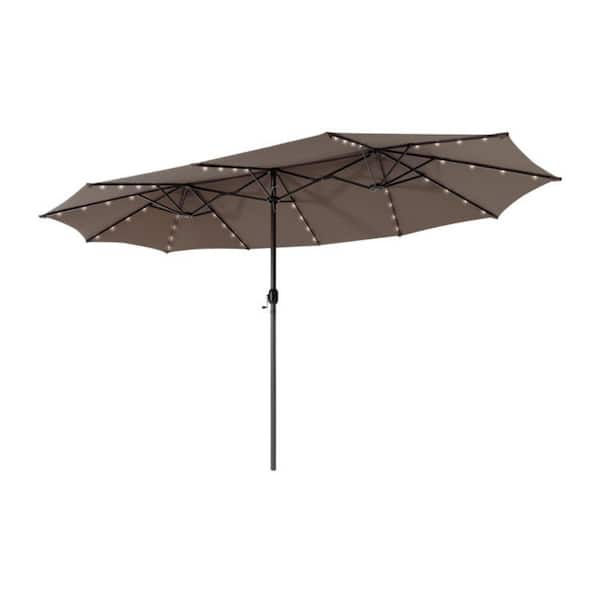 WELLFOR 15 ft. Market Patio Umbrella in Brown with LED Light Double-Side Solar Outdoor Umbrella with Crank