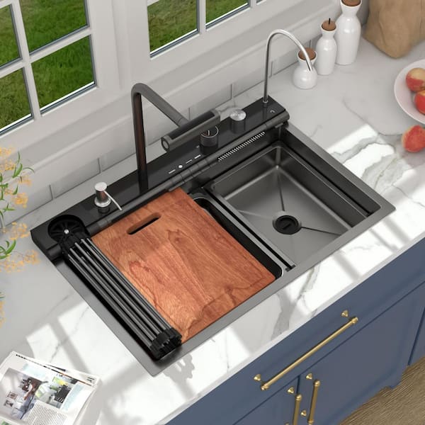 Kitchen Sink With Waterfall Faucet Stainless Steel Large Single Slot Bionic Honeycomb Black Wash Basin Topmount Apron Front - View #4