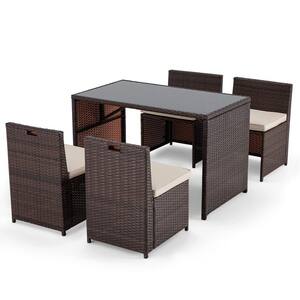 Brown 5-Piece Rattan Wicker Outdoor Dining Set with Beige Cushion and Glass Table