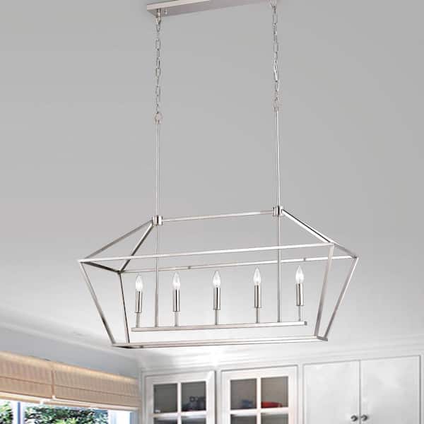 Edvivi 5-Light Brushed Nickel Linear Lantern Pendant Light Cage Farmhouse Chandelier