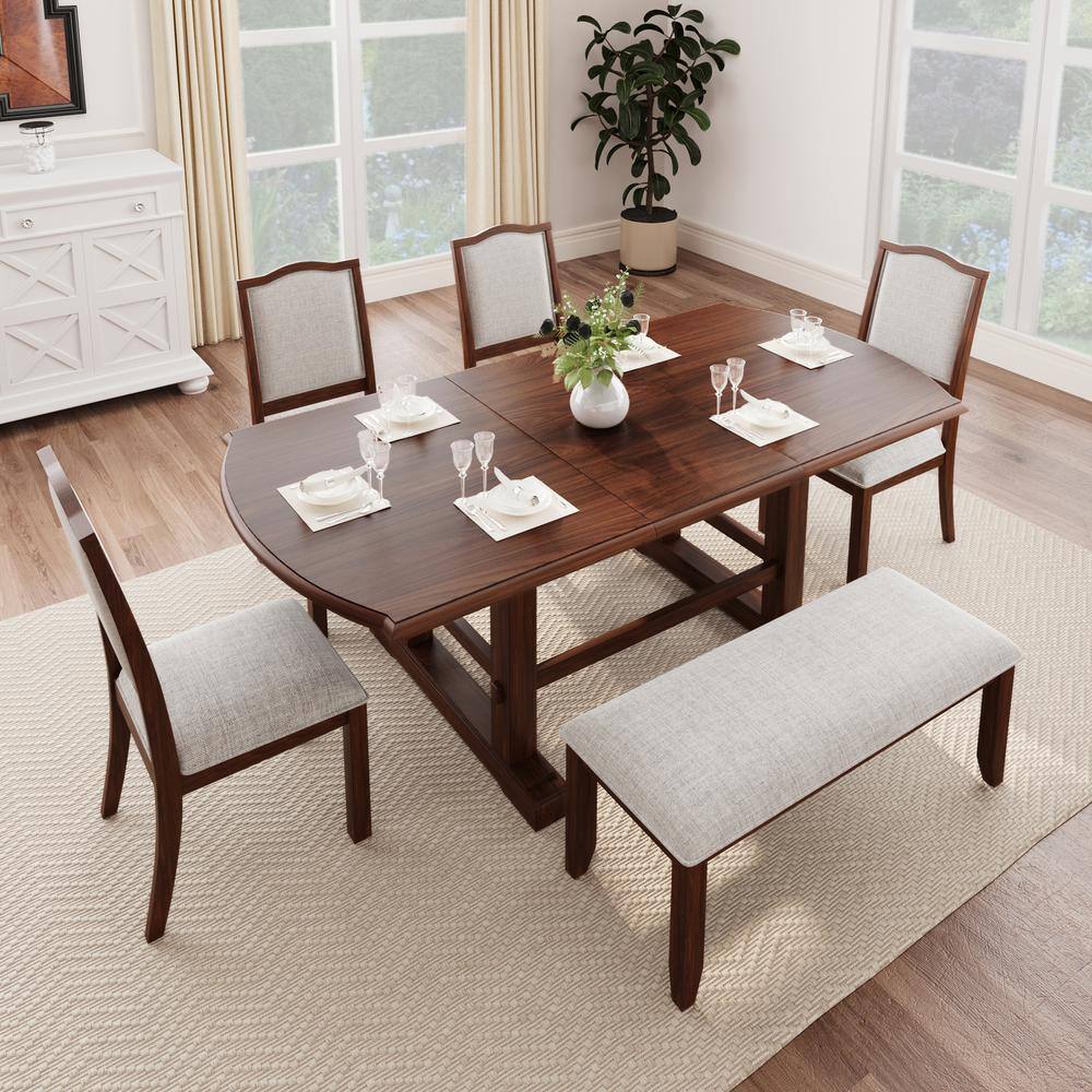 6-Piece Cherry Rectangle Wood Top Dining Table Set Seats 6 with Extendable Table, 4 Linen Upholstered Chairs and Bench