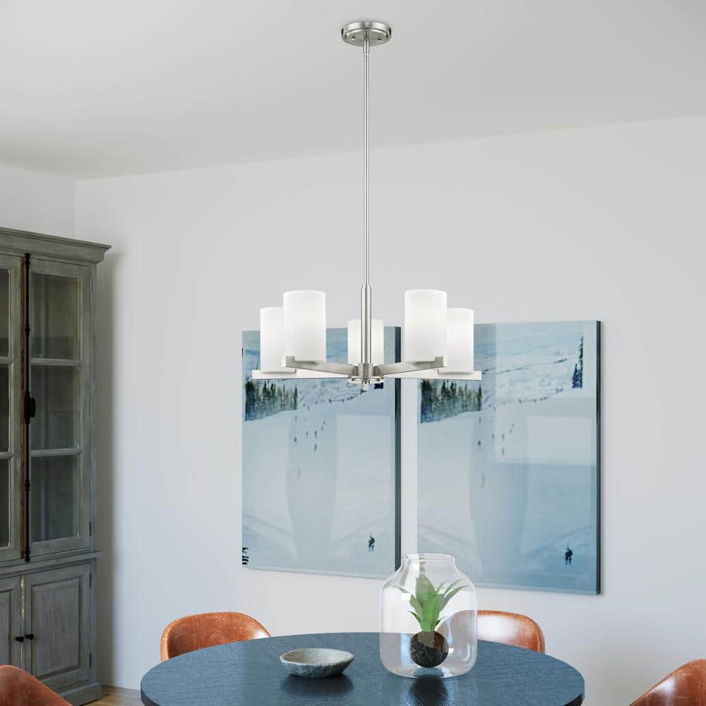Astoria Minimalist 5-Light Chandelier in Brushed Nickel with Satin Opal Shades