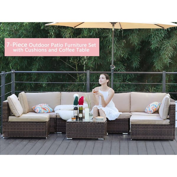 Unbranded HZY 7-Pieces Brown Wicker Outdoor Sectional Set with Beige Cushions and Coffee Table