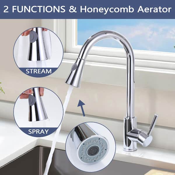 15.67 in. Single Handle Stainless Steel 360 ° Spout Swive Pull Down Sprayer Kitchen Faucet in Chrome