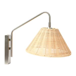 1-Light Satin Silver Wall Sconce with Rattan Shade