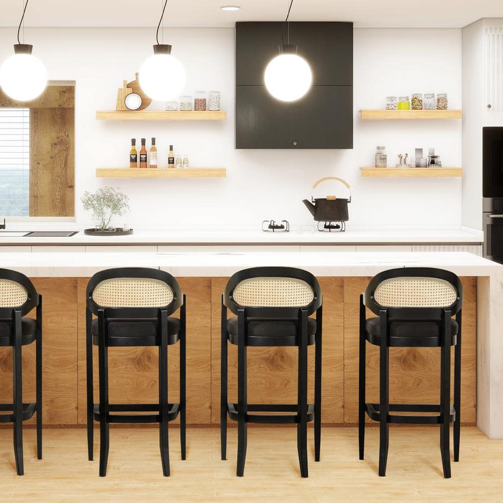 Americana Jet Black Oak Wood Frame Cane Back Bar Stool