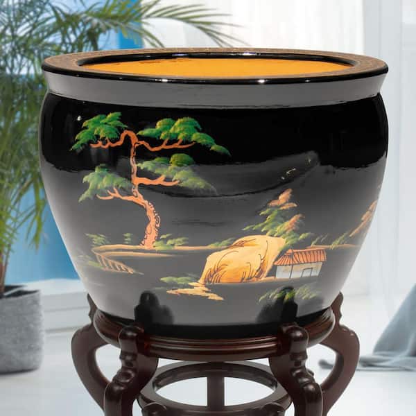 16 in. Landscape Black Lacquer Fishbowl