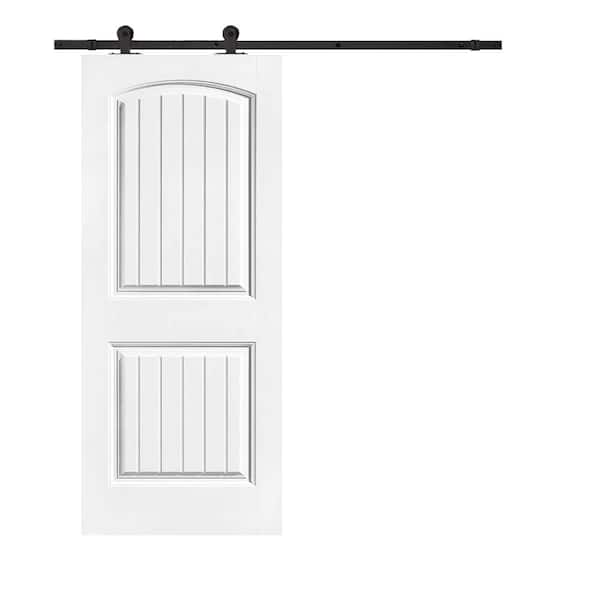CALHOME Elegant Series 30 in. x 80 in. White Primed Composite MDF 2 Panel Camber Top Sliding Barn Door with Hardware Kit