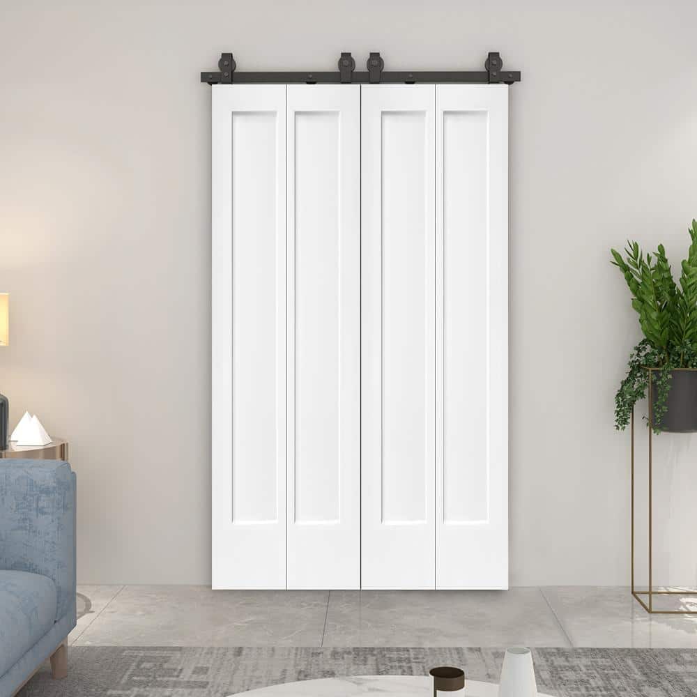 72" x 80" White MDF Bi-Fold Barn Doors with Sliding Hardware
