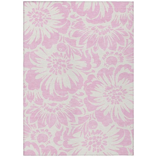 HomeRoots Pink, Ivory 8 ft. x 10 ft. Woven Floral Polyester Rectangle Indoor / Outdoor Area Rug