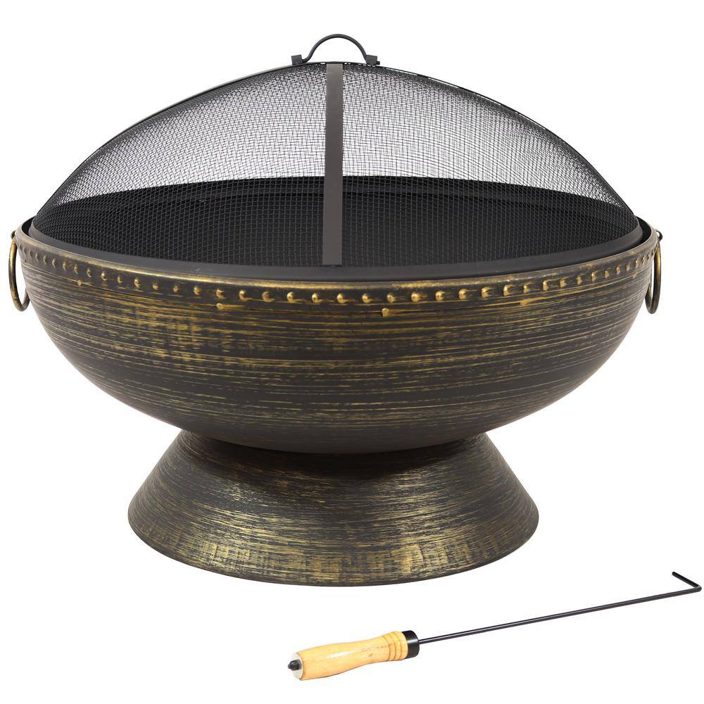 30" Black and Bronze Steel Wood-Burning Fire Pit with Screen and Poker