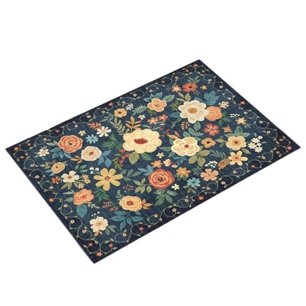 2x3 Navy Blue Non Slip Boho Rugs for Entryway, Floral Indoor Washable Door Mat