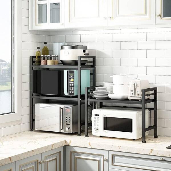 3-Shelf Carbon Steel Expandable Microwave Oven Stand Countertop Storage Rack with 3 Hooks Space Saving Organizer