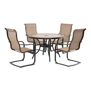 5-Piece Cast Aluminum Round Dining Sling Set with 47.8 in. Tile-Top Table and Light Brown Sling Curved Chairs