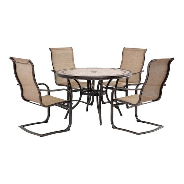 Mondawe 5-Piece Cast Aluminum Round Dining Sling Set with 47.8 in. Tile-Top Table and Light Brown Sling Curved Chairs