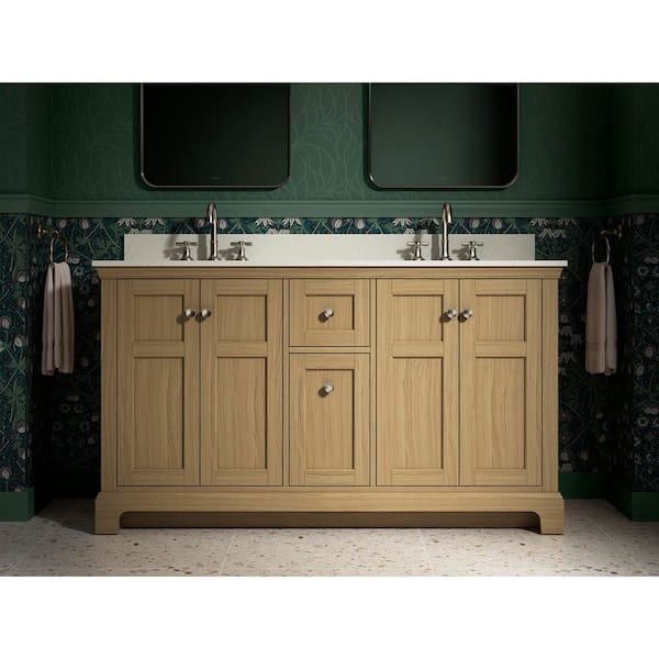 Baskin 60 in. Double Sink Light Oak Bath Vanity with Bianco Bella Quartz Top